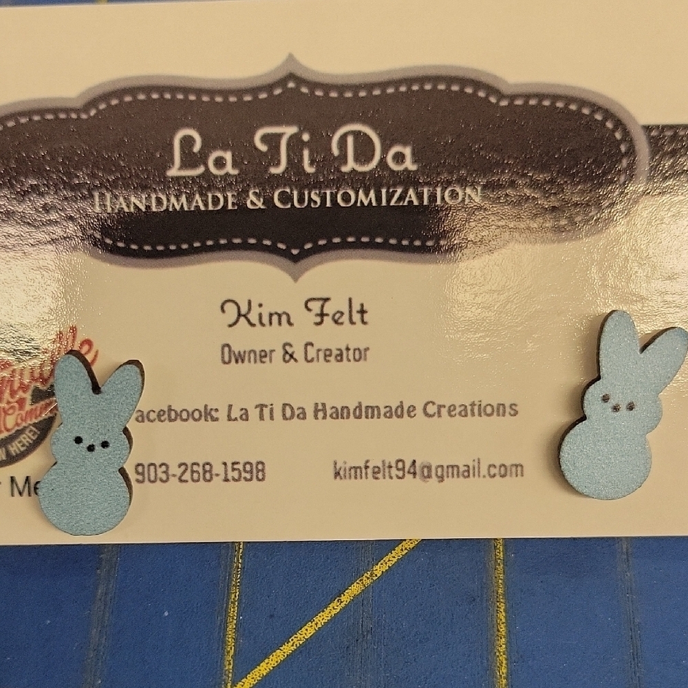 Blue Bunny with Face Wood 1/3" Earrings Easter Spring Rabbit